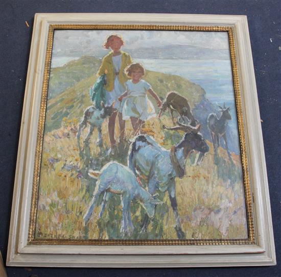 § Dorothea Sharp (1874-1955) Children and goats on a cliff top 32 x 27.5in. Provenance: From the collection of the artists niece
